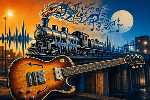 Canvas art print of a weathered electric guitar in front of a steam locomotive at night with musical notes and moonlight