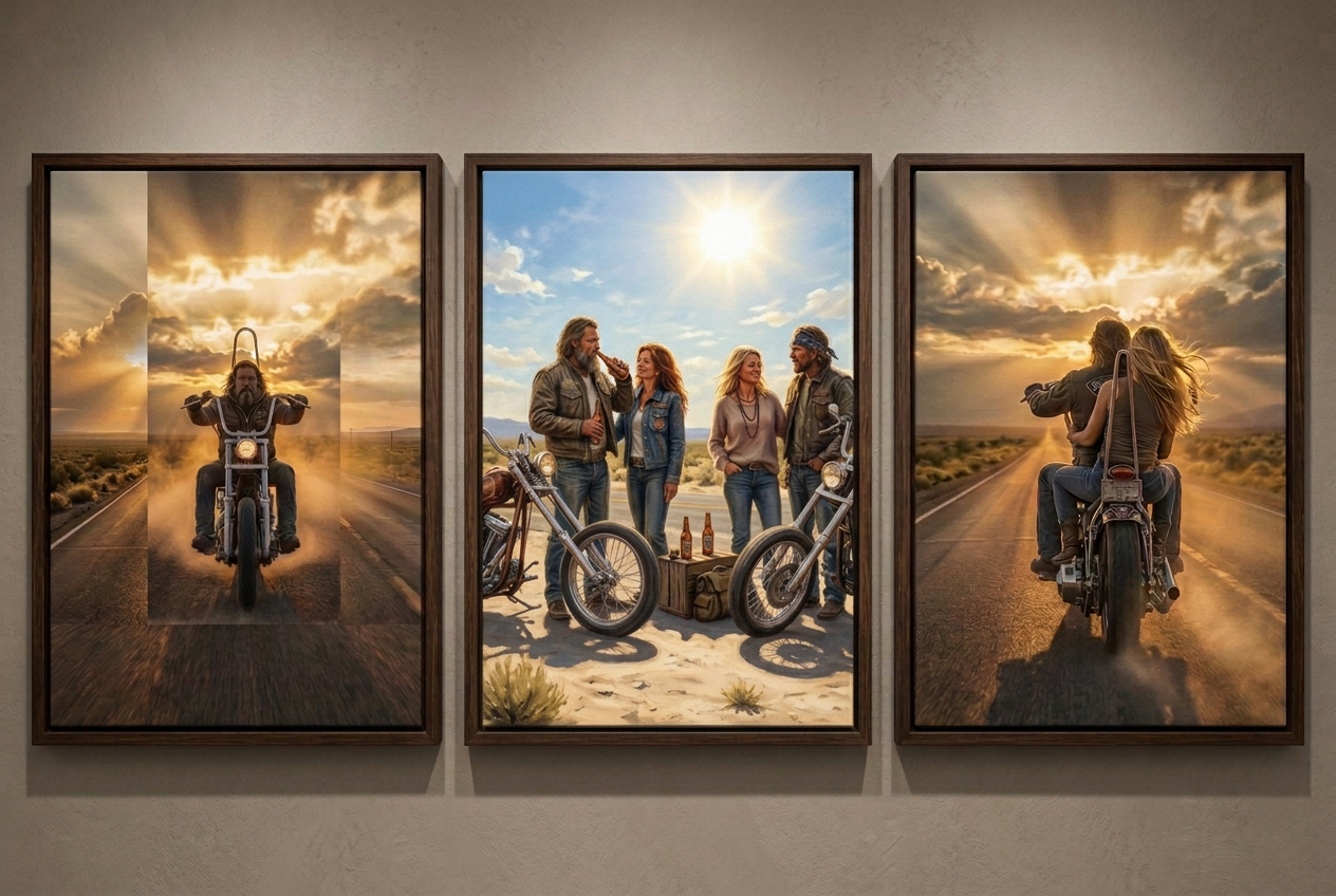 Open Road Biker Triptych | 3-Panel Framed Canvas Wall Art – HAWG CUSTOM ...