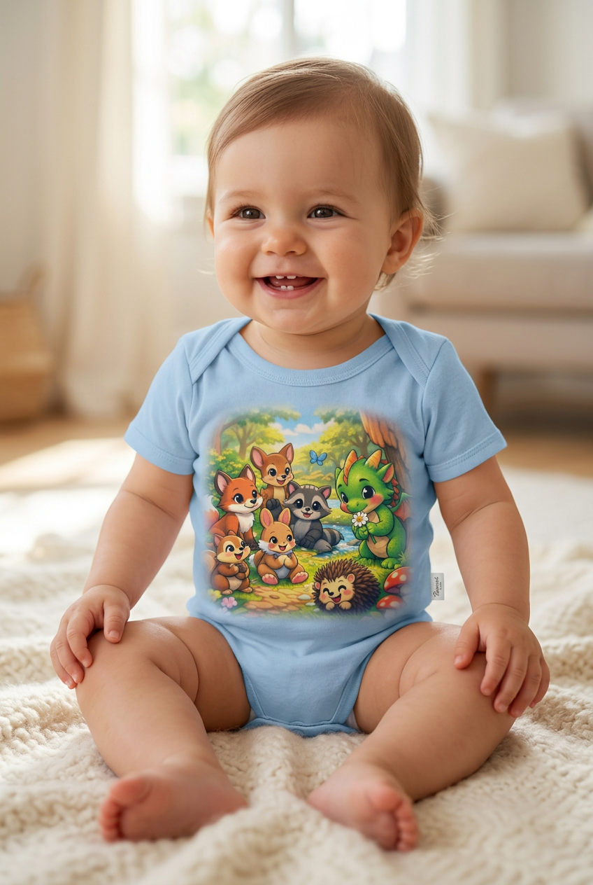 Forest Animals Powder Blue Onesie Worn