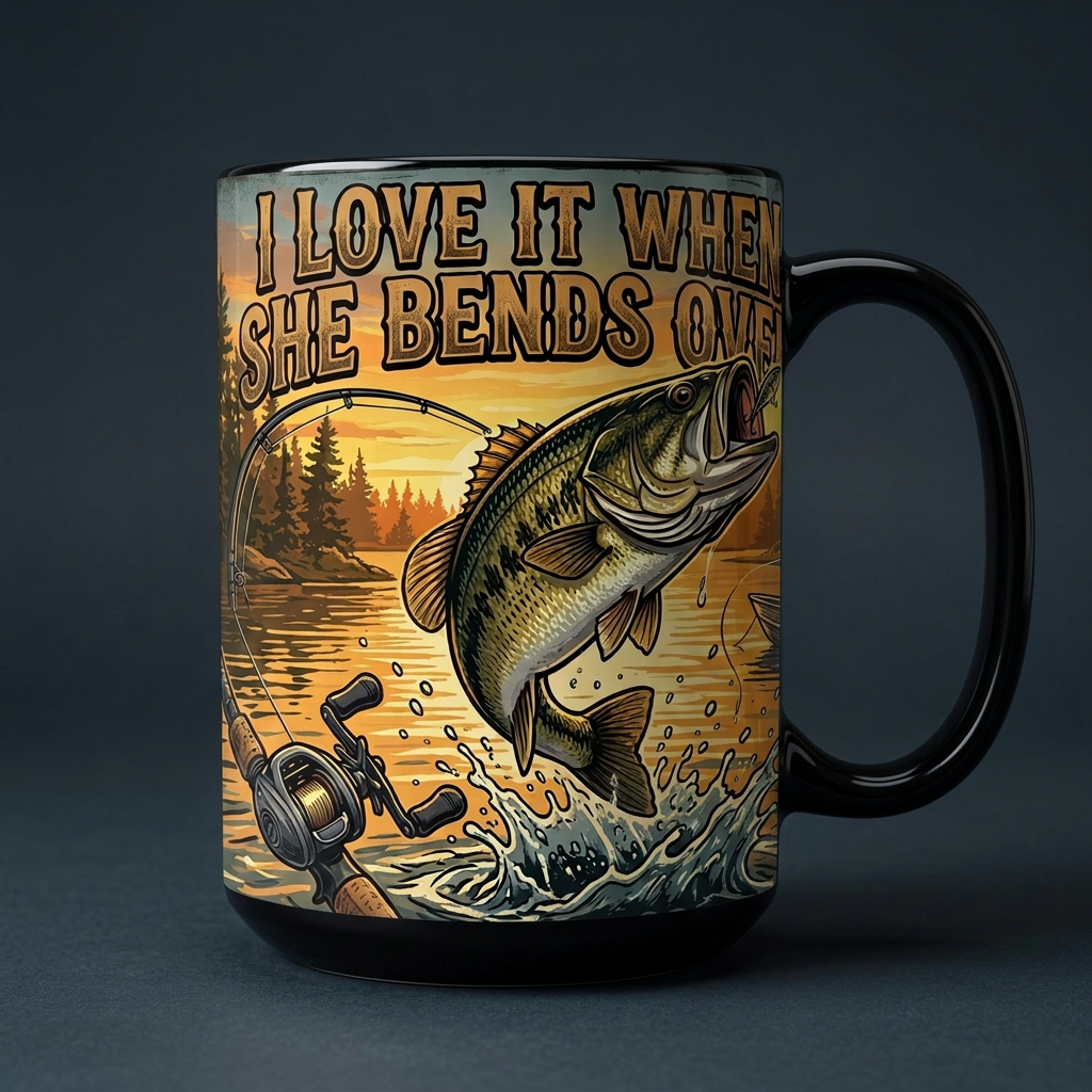 I Love It When She Bends Over fishing black mug mockup