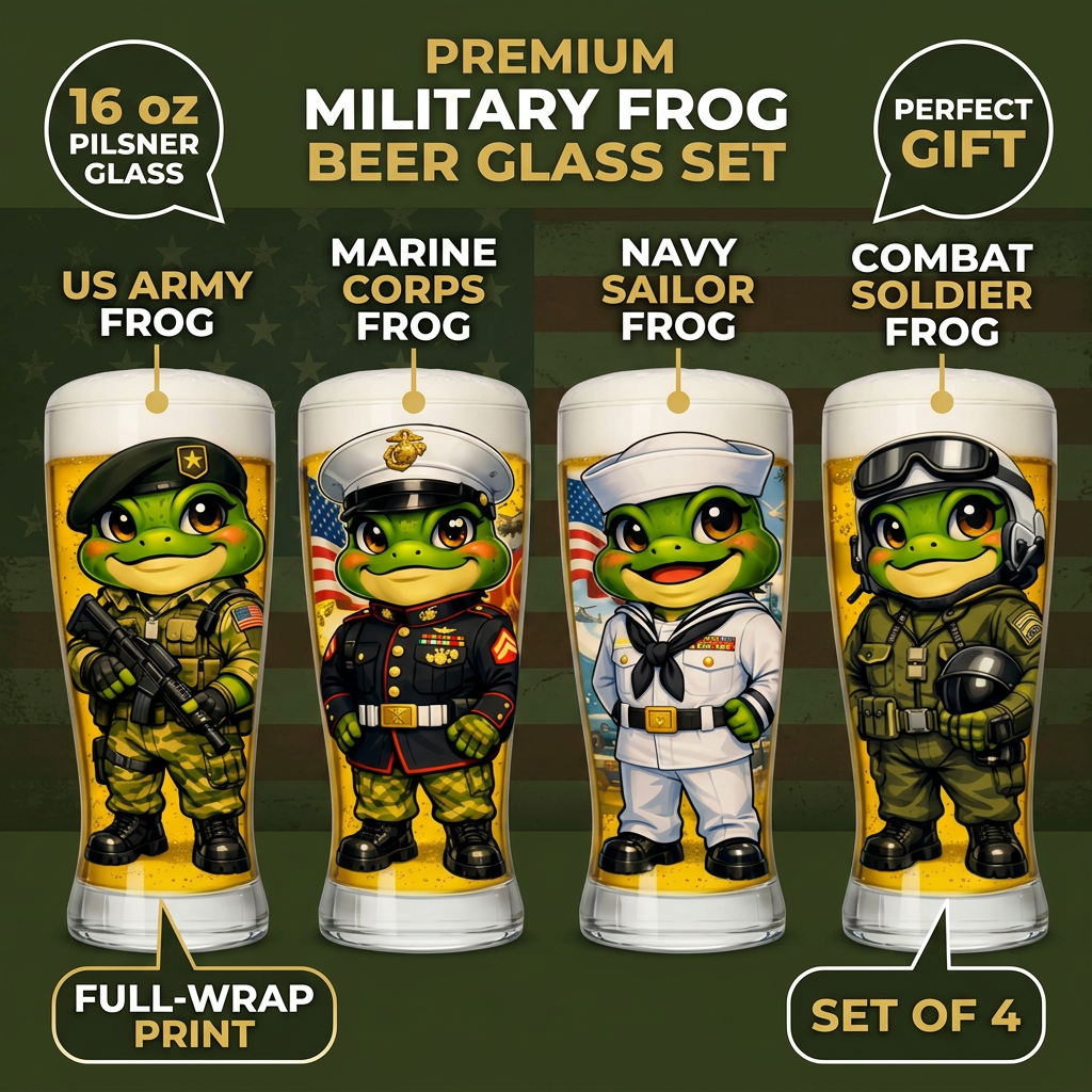 Military Frog Pilsner Beer Glass Set of 4 infographic with branch callouts and features