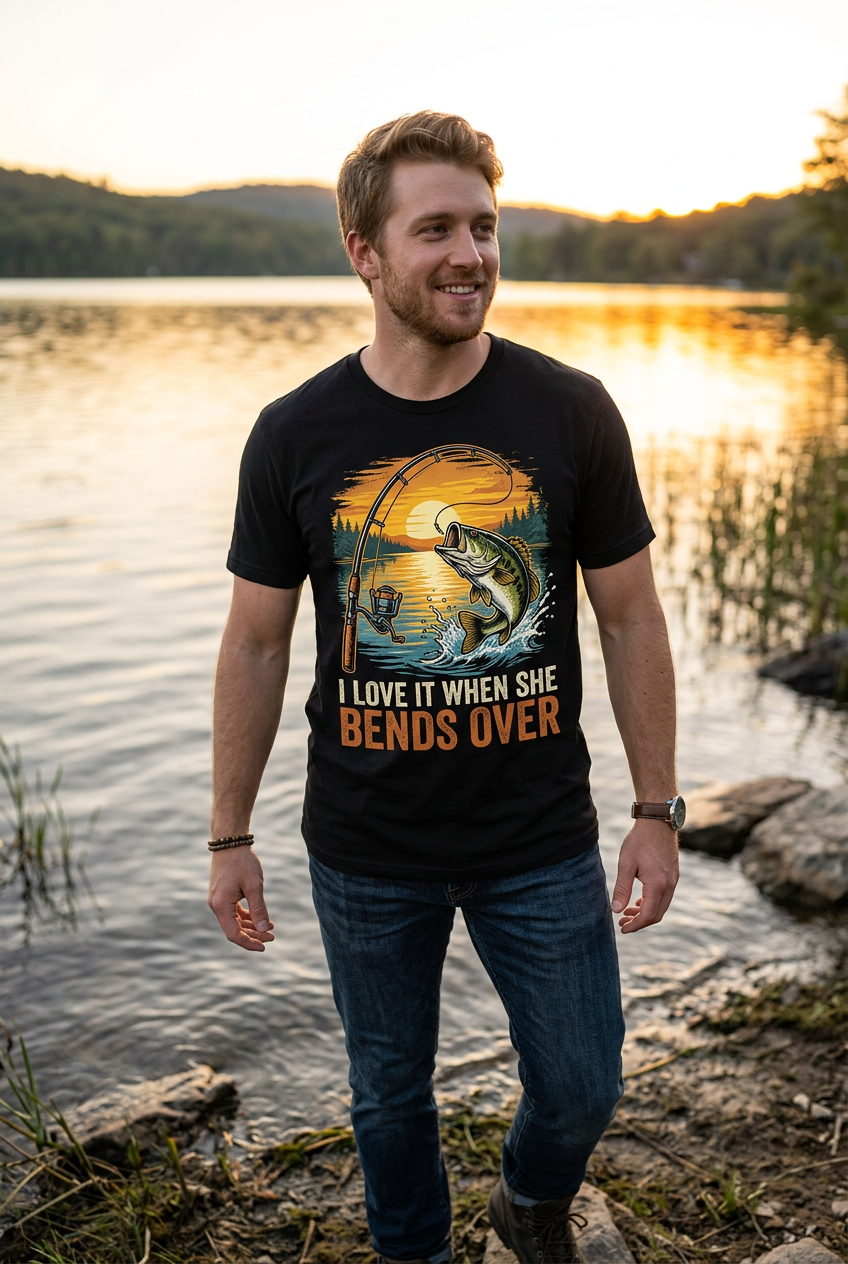 I Love It When She Bends Over fishing black t-shirt male model mockup