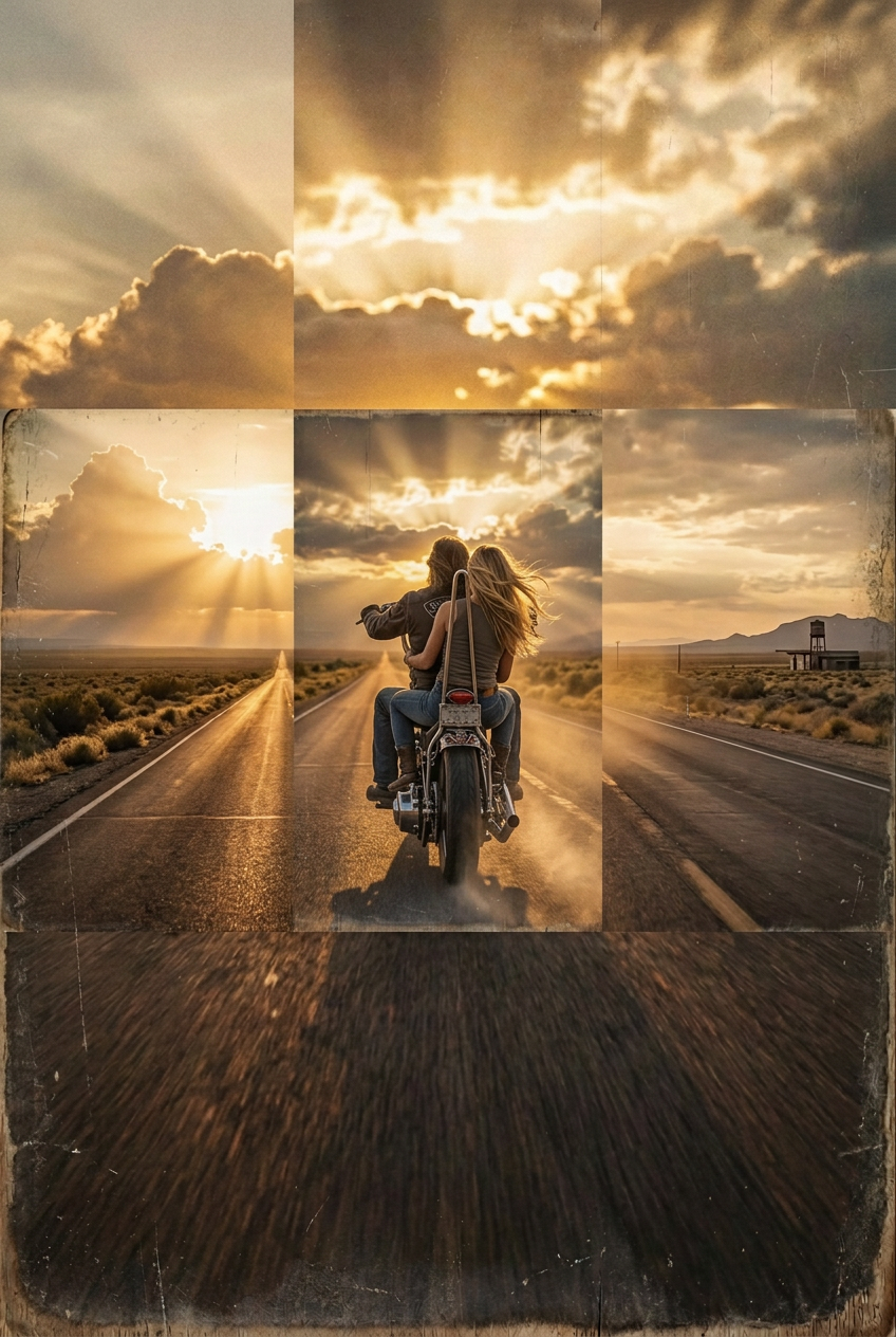 Biker riding away at dawn with blonde on the back